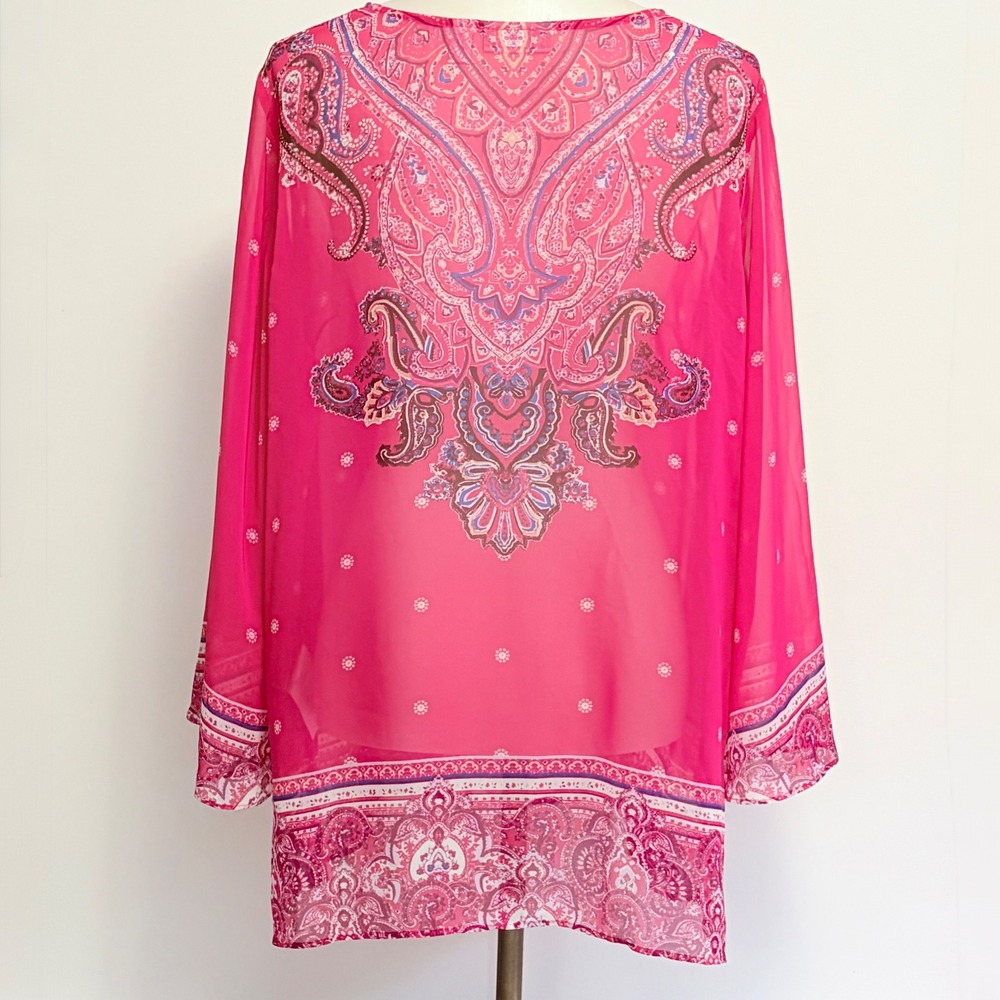 Susan Graver Tunic L Pink Paisley Chiffon Tie Neck Long Sleeve Blouse - Picture 5 of 8